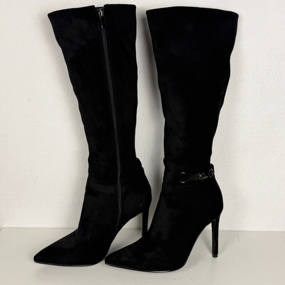 Women’s Size 8 Black Knee High Stiletto Boots Pointed Toe Buckle Y2K Sexy - Picture 2 of 9